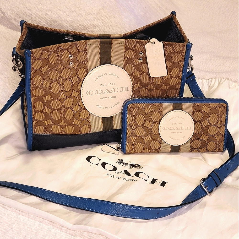 Coach khaki/blue monogrammed purse and wallet set